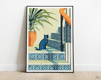 Black Cat on Stairs with Azulejos Tiles Art Print | Mediterranean Poster | Gift | Original Cat Illustration | Wall Home Decor Handmade