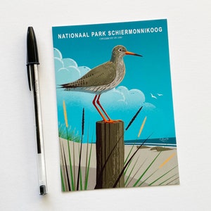 Postcard. The card features an illustration of a redshank in National Park Schiermonnikoog in the Netherlands.