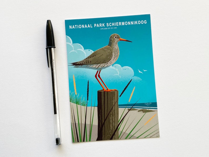 Postcard. The card features an illustration of a redshank in National Park Schiermonnikoog in the Netherlands.