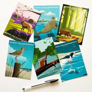 Set of 6 postcards. The cards feature a illustrations of birds and animals in National Parks in The Netherlands. There are cards of Schiermonnikoog, the Hoge Veluwe and the Biesbosch.
