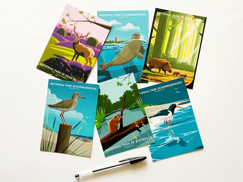 Set of 6 postcards. The cards feature a illustrations of birds and animals in National Parks in The Netherlands. There are cards of Schiermonnikoog, the Hoge Veluwe and the Biesbosch.