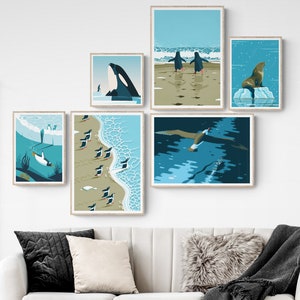 Conjunto de seis impresiones artísticas seleccionadas de animales antárticos, pingüinos y seis pósteres, ideal para sala de estar, habitación infantil o dormitorio.