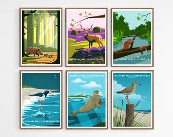 Dutch National Parks Posters Set of 2, 3, 4, 5 or 6, Choose Any Holland Travel Prints, Animal Art Prints Bundle, Wildlife Illustrations