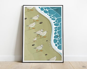 Piping Plovers Chasing the Seashore Art Print, Coastal Birds Poster, Sandpipers Illustration, Beach Wildlife Wall Art, Shorebirds Home Decor