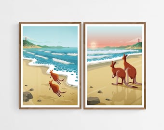 2 Kangaroos at Australian Beach Posters, Set of 2, Two Australia Art Prints, Beach Decor, Wildlife Wall Art Bundle, Animal Diptych Gift