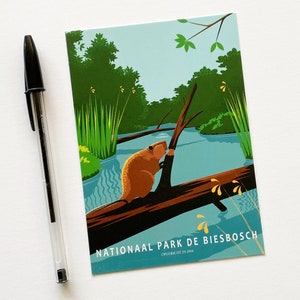 Postcard. The card features an illustration of a beaver in National Park De Biesbosch in the Netherlands.