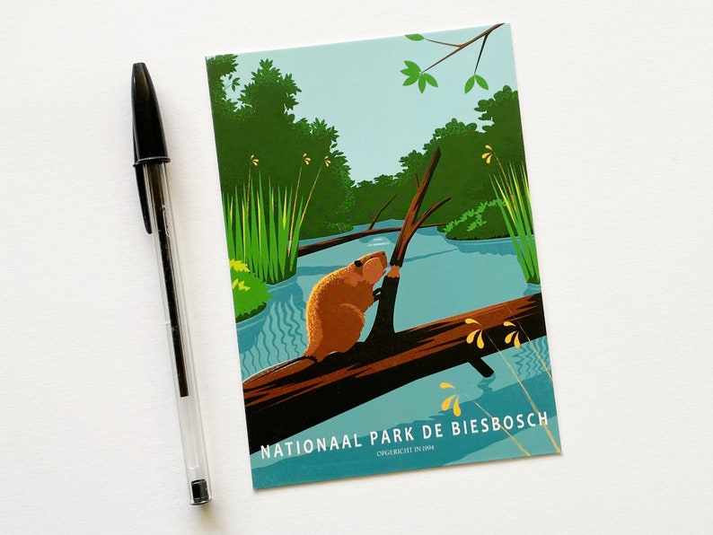Postcard. The card features an illustration of a beaver in National Park De Biesbosch in the Netherlands.