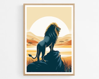 Lámina artística de león, póster de safari africano, decoración de pared del cráter de Ngorongoro, póster de viaje a Tanzania (África), ilustración de animales de la sabana, regalo.