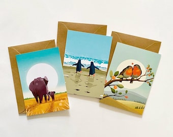 Greeting Card Set of 3 - Moments of Connection with Animal and Bird Illustrations for Friendship, Romance, Mothers Day, or Any Occasion