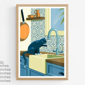 Living room with a poster on the wall. The illustration on the art print shows a black cat in a kitchen with azulejo tiles as can often be found in Spain and Portugal. The artwork gives a Mediterranean feel. The cat is playing with dripping water.