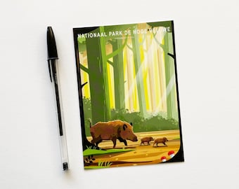 Wild Boars Postcard, National Park De Hoge Veluwe Greeting Card, Wildlife in the Netherlands Illustration, A6 Animal Card, Souvenir