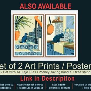 May include: Set of two art prints featuring a black cat in two different settings. The first print shows the cat sitting on a staircase with blue and white patterned tiles. The second print shows the cat in a kitchen with blue and white patterned tiles, looking at a sink.