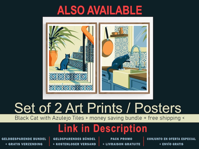May include: Set of two art prints featuring a black cat in two different settings. The first print shows the cat sitting on a staircase with blue and white patterned tiles. The second print shows the cat in a kitchen with blue and white patterned tiles, looking at a sink.