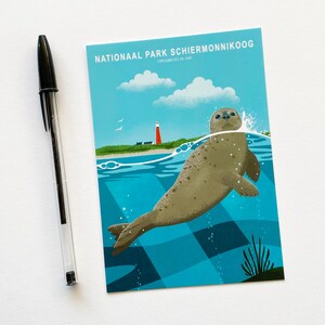 Postcard. The card features an illustration of a seal in National Park Schiermonnikoog in the Netherlands.