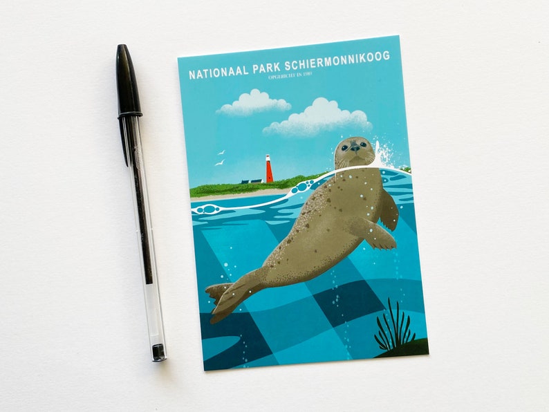 Postcard. The card features an illustration of a seal in National Park Schiermonnikoog in the Netherlands.