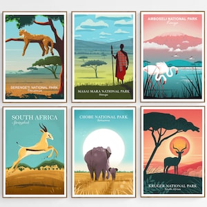 African Prints Set of 2, 3, 4, 5 or 6, Choose Any National Park Travel Posters, Wildlife in Africa Illustrations Bundle, Animals Wall Decor