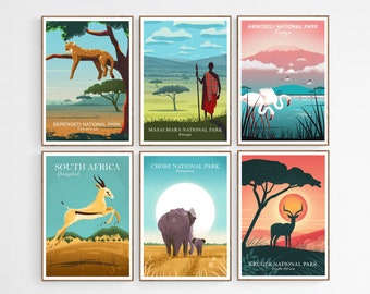 African Prints Set of 2, 3, 4, 5 or 6, Choose Any National Park Travel Posters, Wildlife in Africa Illustrations Bundle, Animals Wall Decor