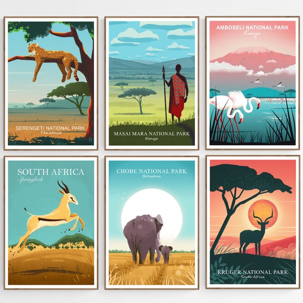 Affiches africaines, Ensemble de 2, 3, 4, 5 ou 6, Affiches de Voyage Parc National, Lot d'illustrations, Afrique, Déco murale d'animaux