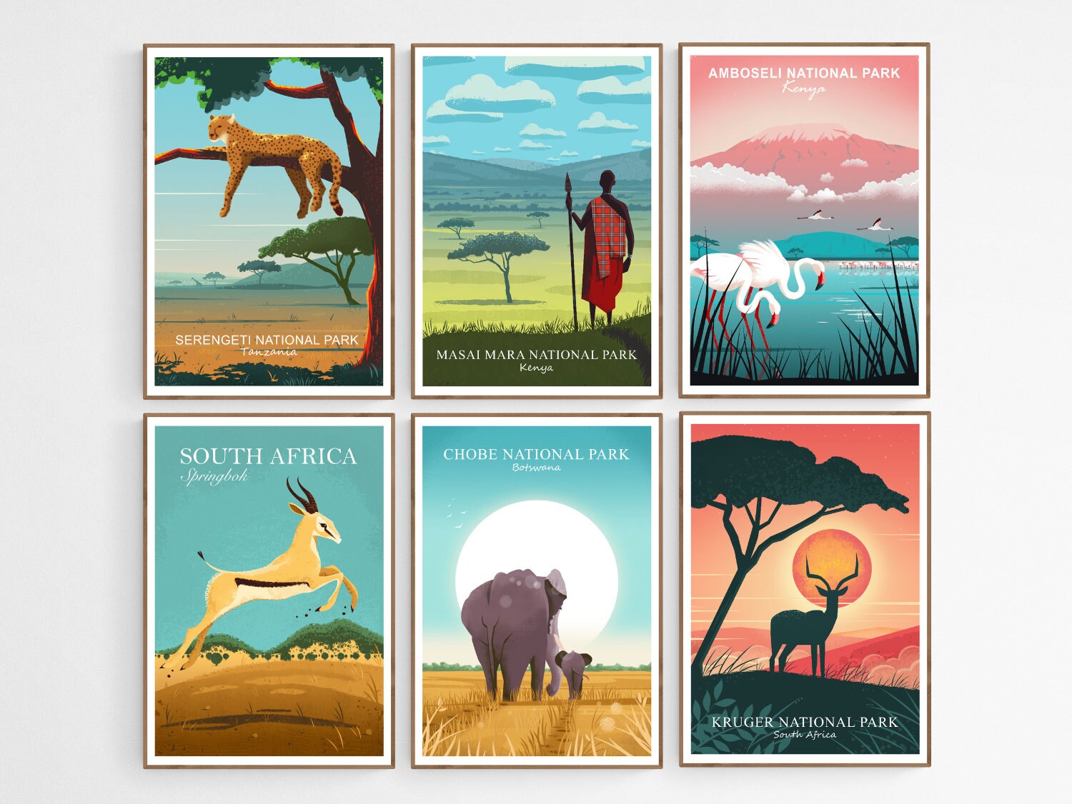 African Prints Set of 2, 3, 4, 5 or 6, Choose Any National Park Travel Posters, Wildlife in Africa Illustrations Bundle, Animals Wall Decor