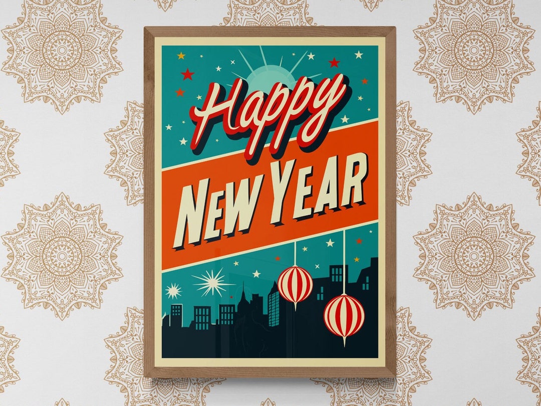 Happy New Year Poster, Midcentury Modern Celebration Party Print, Retro