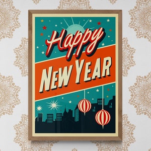 Póster de Feliz Año Nuevo, Impresión de Fiesta de Celebración Moderna de Mediados de Siglo, Arte Mural Retro de los Años Cincuenta, Decoración Vintage de Nochevieja 2025