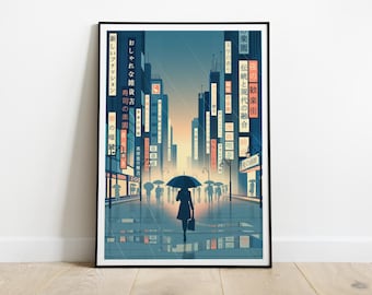 Tokyo Japan Art Print, Rainy Street in Shinjuku Travel Poster, 1950s Style Illustration, Nostalgic Colors, Japanese Wall Decor, Retro Gift