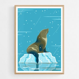 Póster Lobo Marino en Témpano de Hielo, Lámina de ilustración de la Antártida, Cartel para la Habitación Niños, Sala de Estar o Baño