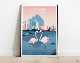 Calpe Travel Poster | Costa Blanca Art Print with Flamingos and Peñon de Ifach | Calp, Spain Wall Art for Home Decor