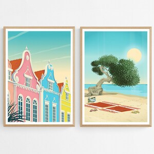 Juego de 2 pósteres de viaje de Aruba, dos láminas artísticas, decoración del Caribe holandés, ilustración de las Antillas Neerlandesas, paquete de arte mural, díptico