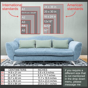 May include: A chart comparing international and American paper sizes. The chart shows the dimensions of A1, A2, A3, A4, and A5 paper sizes in both centimeters and inches. The chart is displayed on a wall behind a blue sofa.