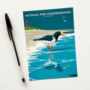 Postcard. The card features an illustration of a oystercatcher in National Park Schiermonnikoog in the Netherlands.