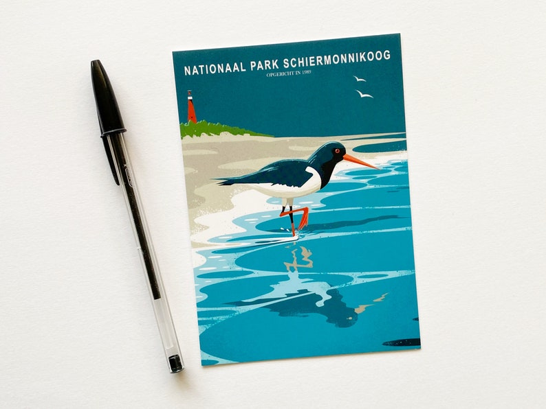 Postcard. The card features an illustration of a oystercatcher in National Park Schiermonnikoog in the Netherlands.