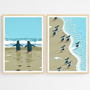 Penguin Beach Set of 2 Art Prints For Nursery, Living Room or Children Playroom, Two Coastal Antarctic Posters, Wall Decor Bundle Gift