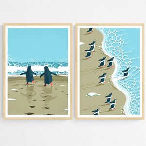 Penguin Beach Set of 2 Art Prints For Nursery, Living Room or Children Playroom, Two Coastal Antarctic Posters, Wall Decor Bundle Gift