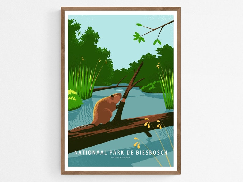 Art print or poster of an illustration of a beaver animal nibbling on a tree in the wetlands or swamp of De Biesbosch National Park in the Netherlands, Europe.