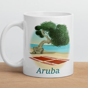 Aruba Mug, Aruba Souvenir, Beach with Divi Divi Tree Illustration, Coffee Mug, Tea Mug, Cup, Birthday Gift
