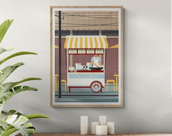 Indonesian Street Food Stall Art Print, Nasi Goreng Food Truck in Indonesia, Jakarta Travel Poster, Kitchen Wall Decor, Asian Cuisine, Gift