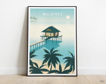 Maldives Overwater Villa Poster, Tropical Paradise Art Print, Beach Bungalow Travel Illustration, Exotic Summer Wall Decor, Gift