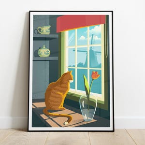 Rode Kat in Keuken met Delfts Blauw Aardewerk en Tulp Art Print, Kat Illustratie, Katten liefhebber Cadeau, Nederlandse Poster, Decoratie