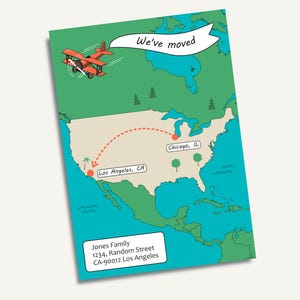 May include: A colorful moving announcement card featuring a map of the United States. The card shows a red airplane flying above the map, with a dotted line indicating a move from Los Angeles, CA, to Chicago, IL. The text "We've moved" is displayed.