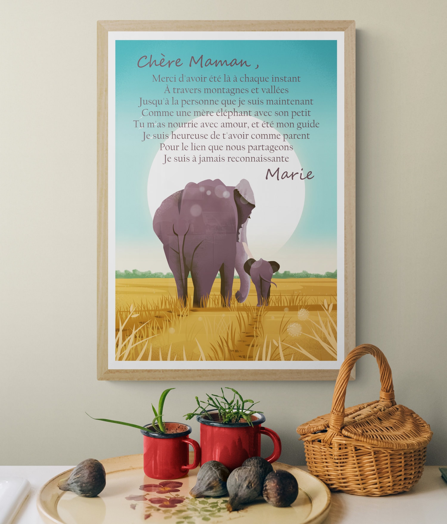 Mother Poem Art Print in French With Elephant Mom and Child