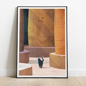 Lámina artística de un gato en Karnak, Egipto, póster de viaje de Luxor, columnas de templos egipcios, jeroglíficos antiguos, decoración original para el hogar, arte mural de un gato negro.