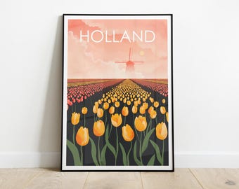 Holland Tulip Fields Art Print, Spring in the Netherlands Travel Poster, Springtime Floral Wall Decor, Dutch Windmill Home Decor