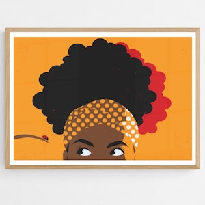 Peut inclure: Illustration numérique d'une femme avec une grosse coiffure afro et un bandeau à pois. Les yeux de la femme sont visibles et elle regarde sur le côté. Le fond est de couleur orange unie.