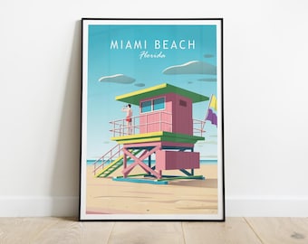 Miami Beach Print, Lifeguard Tower Art, Art Deco Coastal Wall Art, Florida Poster, Illustrated Beach House Decor