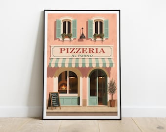 Pizzeria Poster, Italian Kitchen Decor, Mediterranean Wall Art Print
