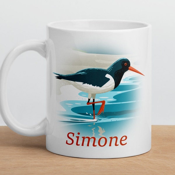 Oystercatcher Bird Mug with Personalized Name, Gift for Seashore Bird Lover, Coffee or Tea Cup with Shorebird, Coastal Beach Bird Mug