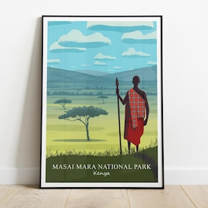 Masai Mara National Park Poster, African Print, Kenya Poster, Maasai Warrior in Traditional Tribal Clothing Illustration, Savanna Wall Art