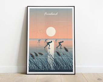Ice Skating in Friesland Poster, Friesland Winter Art Print, Elfstedentocht Illustration, Netherlands Travel Decor, Frisian Wall Art