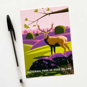 Postcard. The card features an illustration of a deer in a heather field in National Park De Hoge Veluwe in the Netherlands.